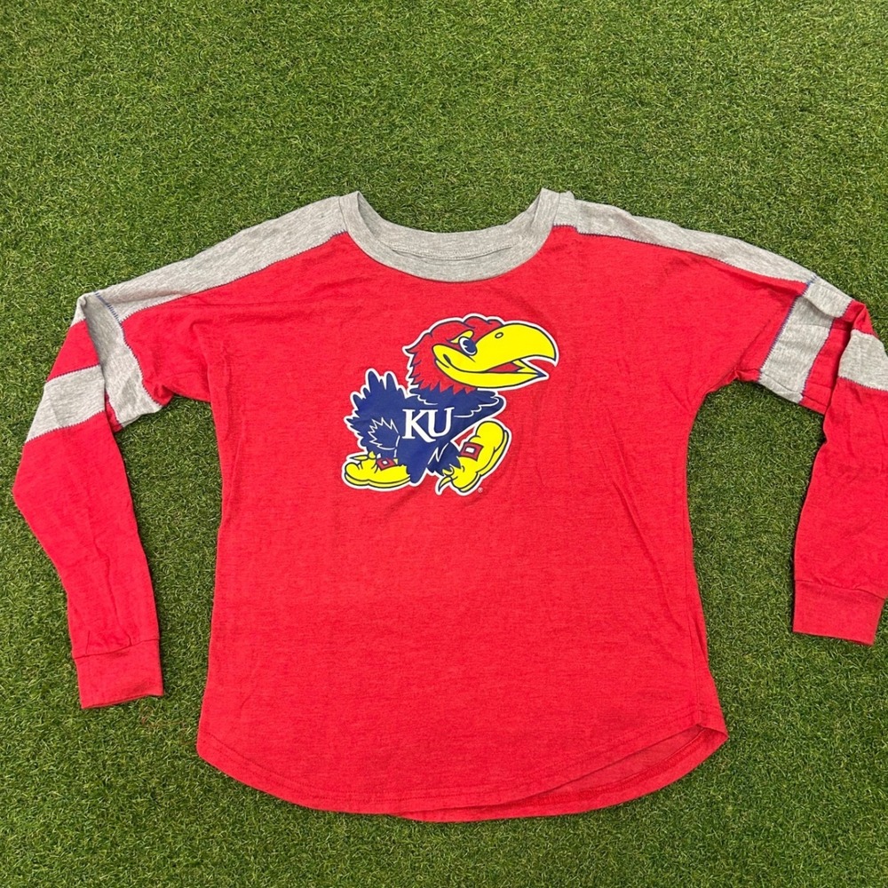 Kansas‎ Jayhawks Womens Medium Red Grey Long Sleeve Shirt KU Mascot